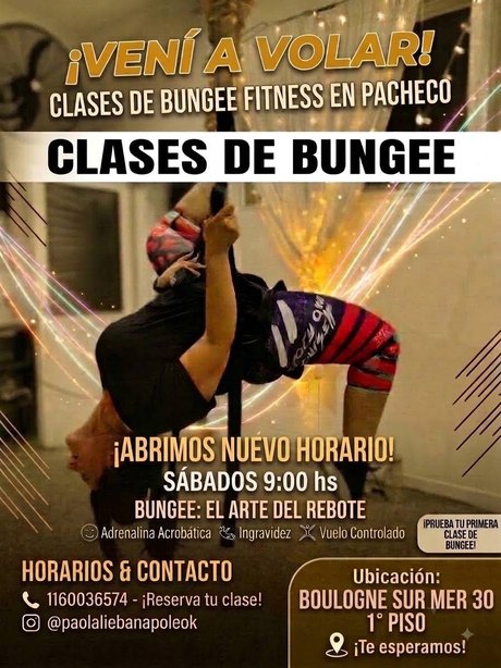 Placa de las clases de Bungee funcional, los sábados a las 9:00 en la sede Pacheco