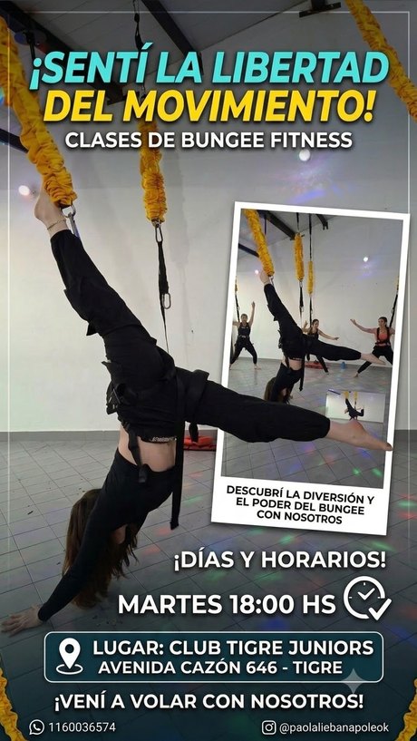 Placa de las clases de Bungee funcional en grupo, los martes a las 18:00 en la sede Tigre
