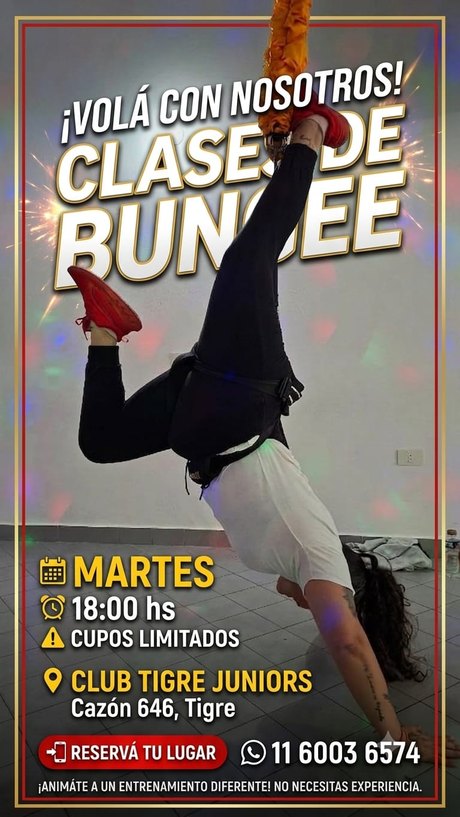 Placa de las clases de Bungee funcional, los martes a las 18:00 en la sede Tigre